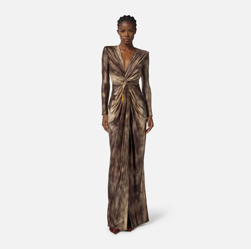 Brown python print lycra  evening gown