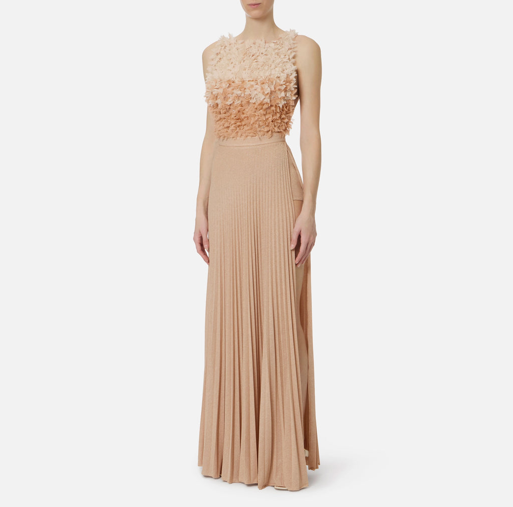 Nude ivory lurex long plisse dress