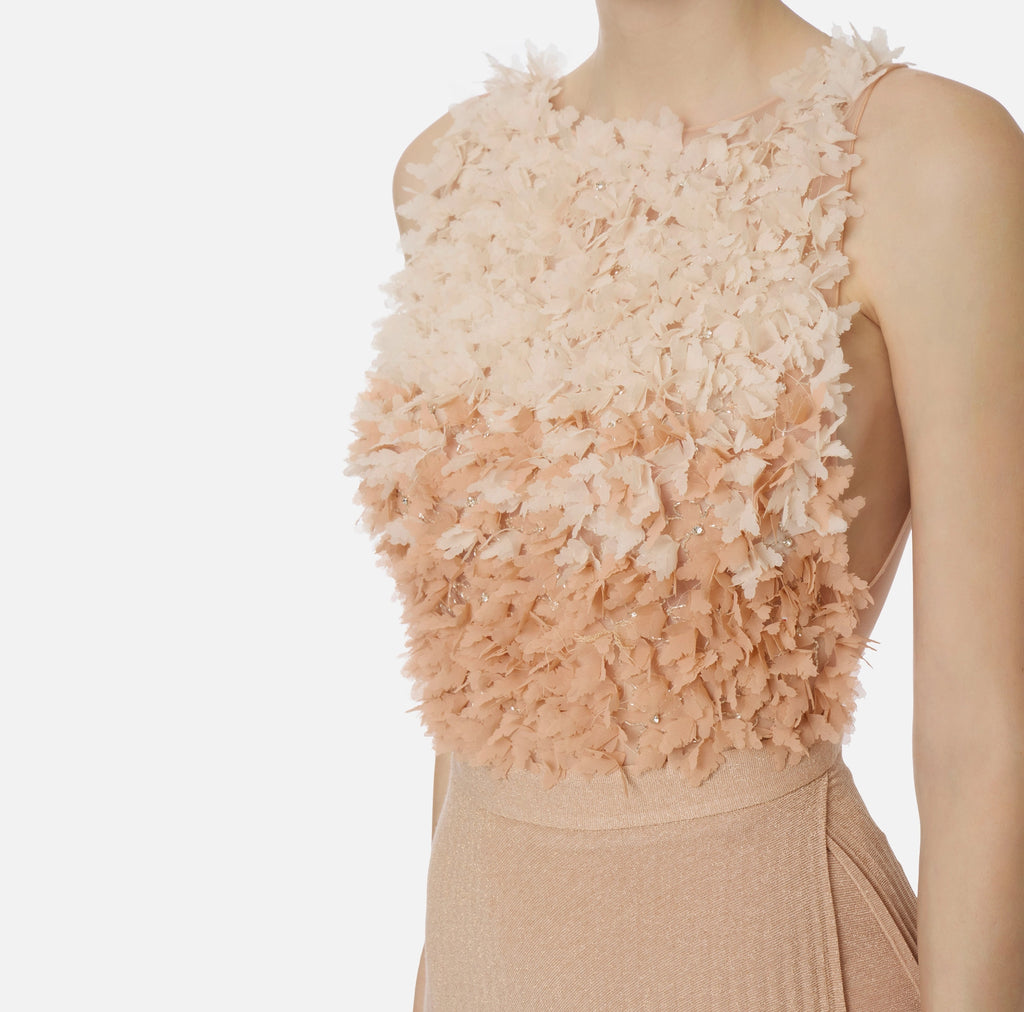 Nude ivory lurex long plisse dress