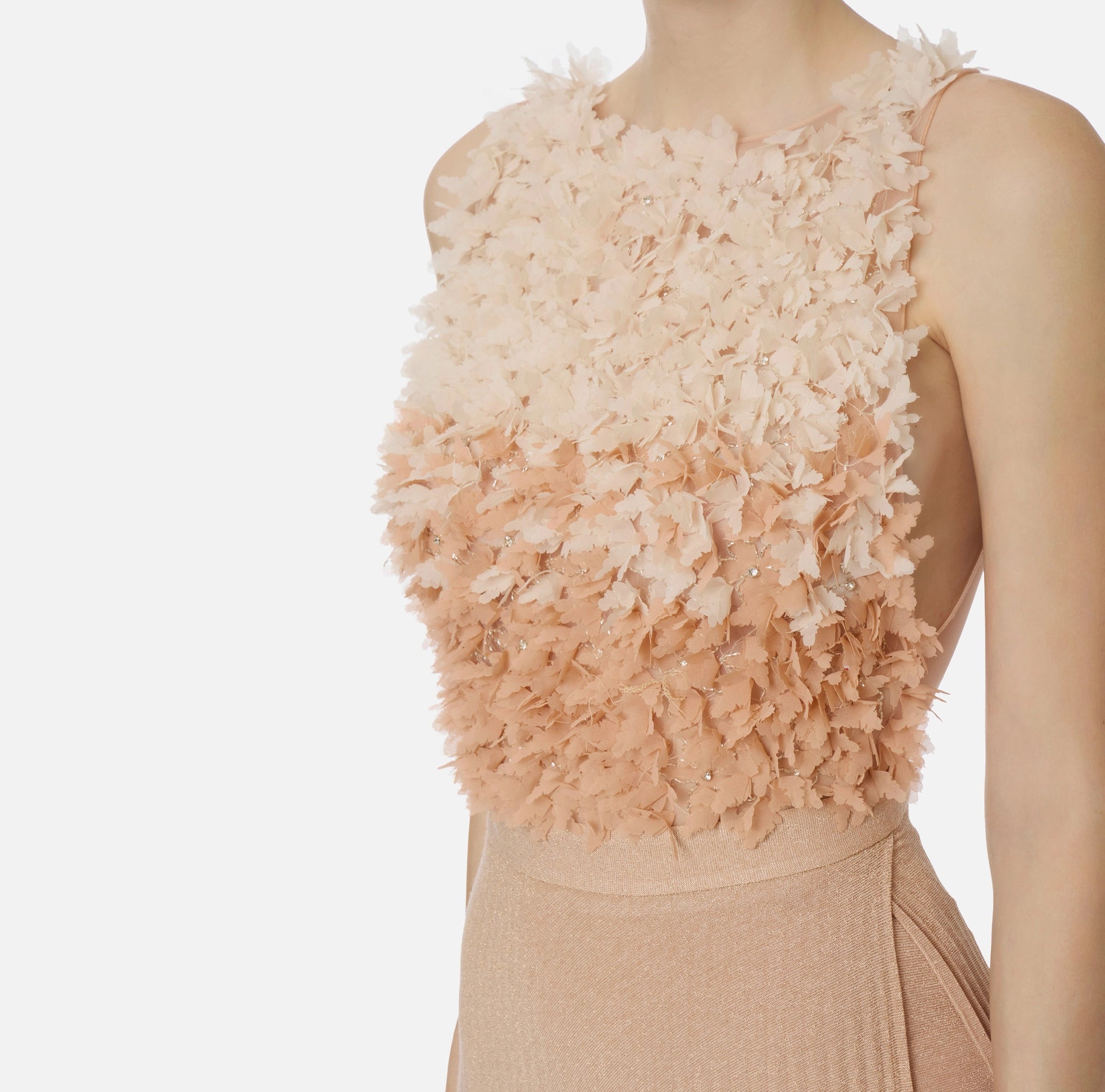Nude ivory lurex long plisse dress