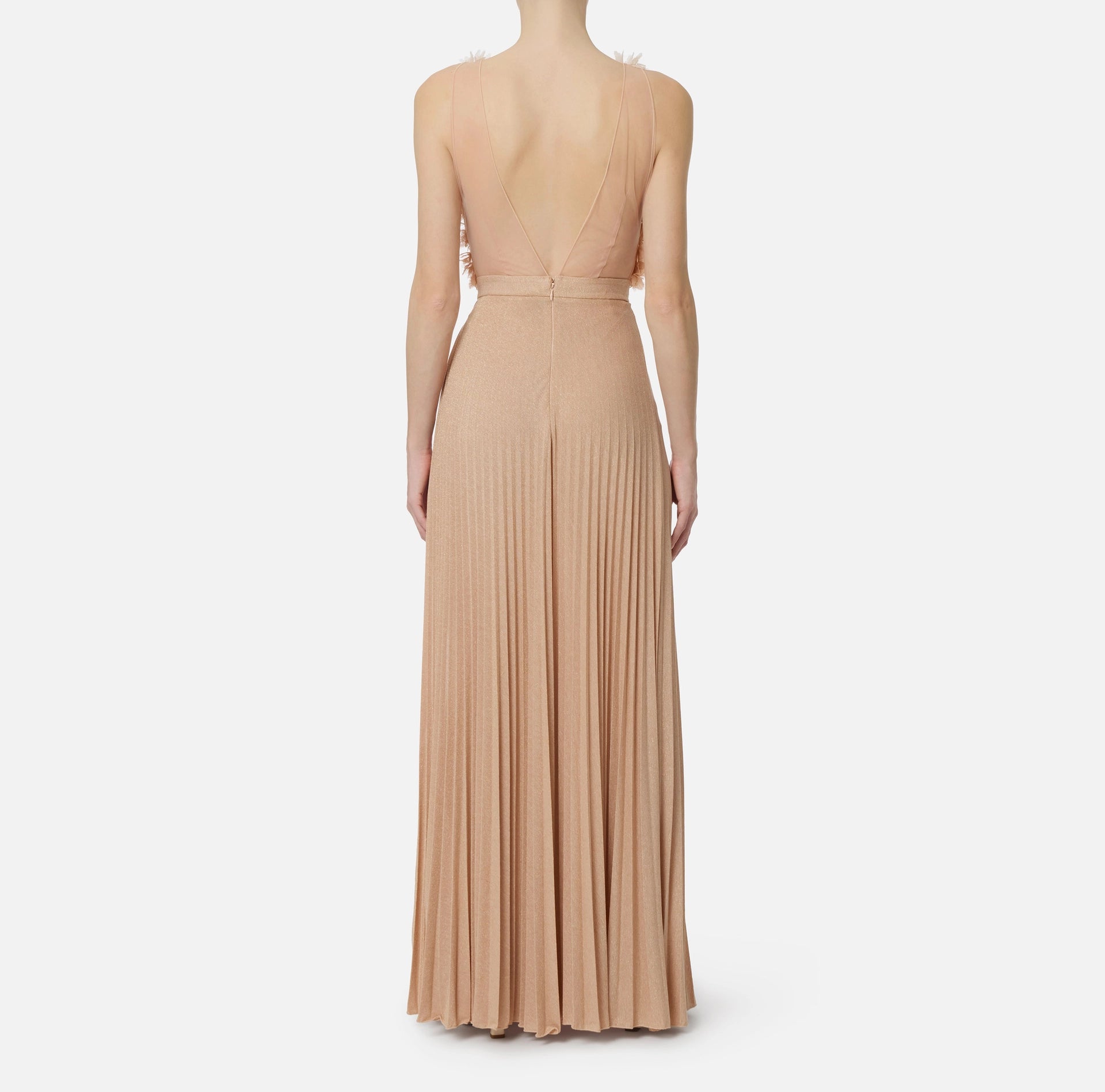 Nude ivory lurex long plisse dress