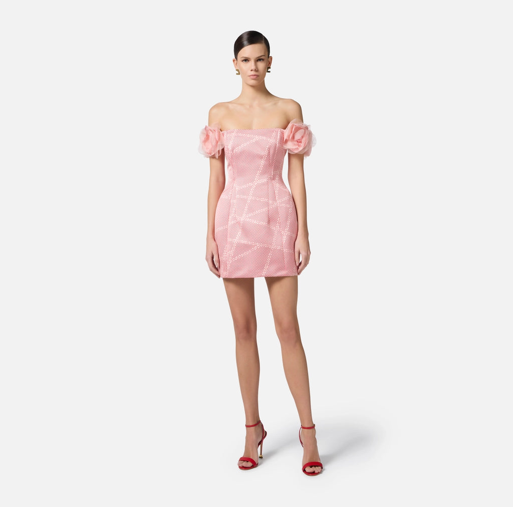 Pink peach satin mini polka dot print dress