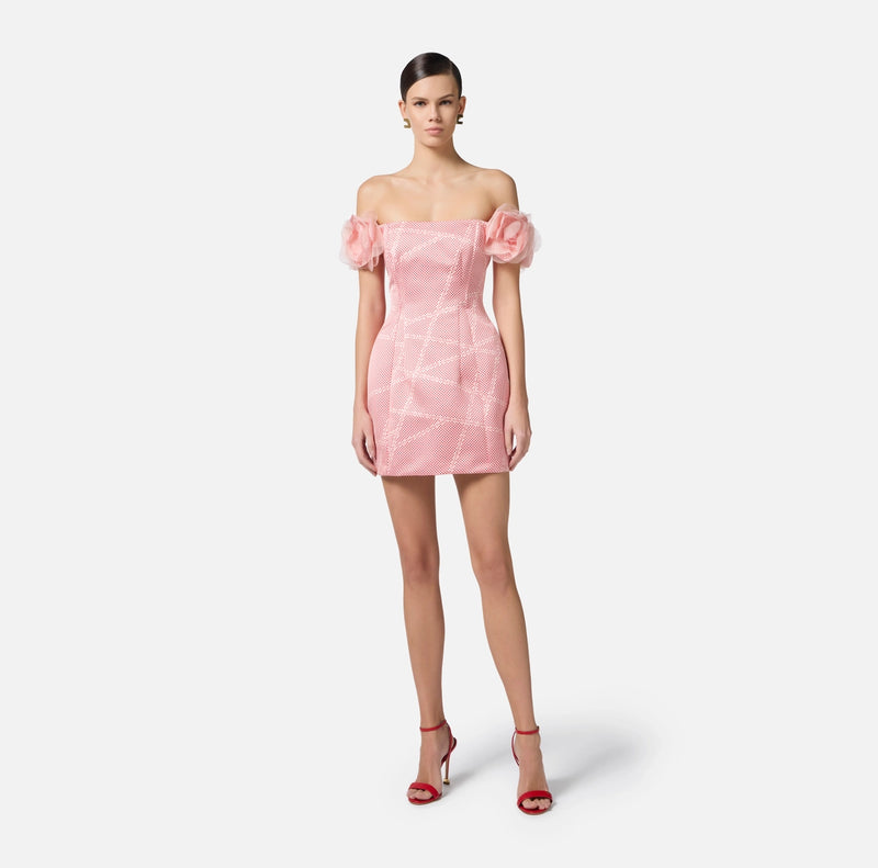 Pink peach satin mini polka dot print dress