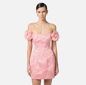 Pink peach satin mini polka dot print dress