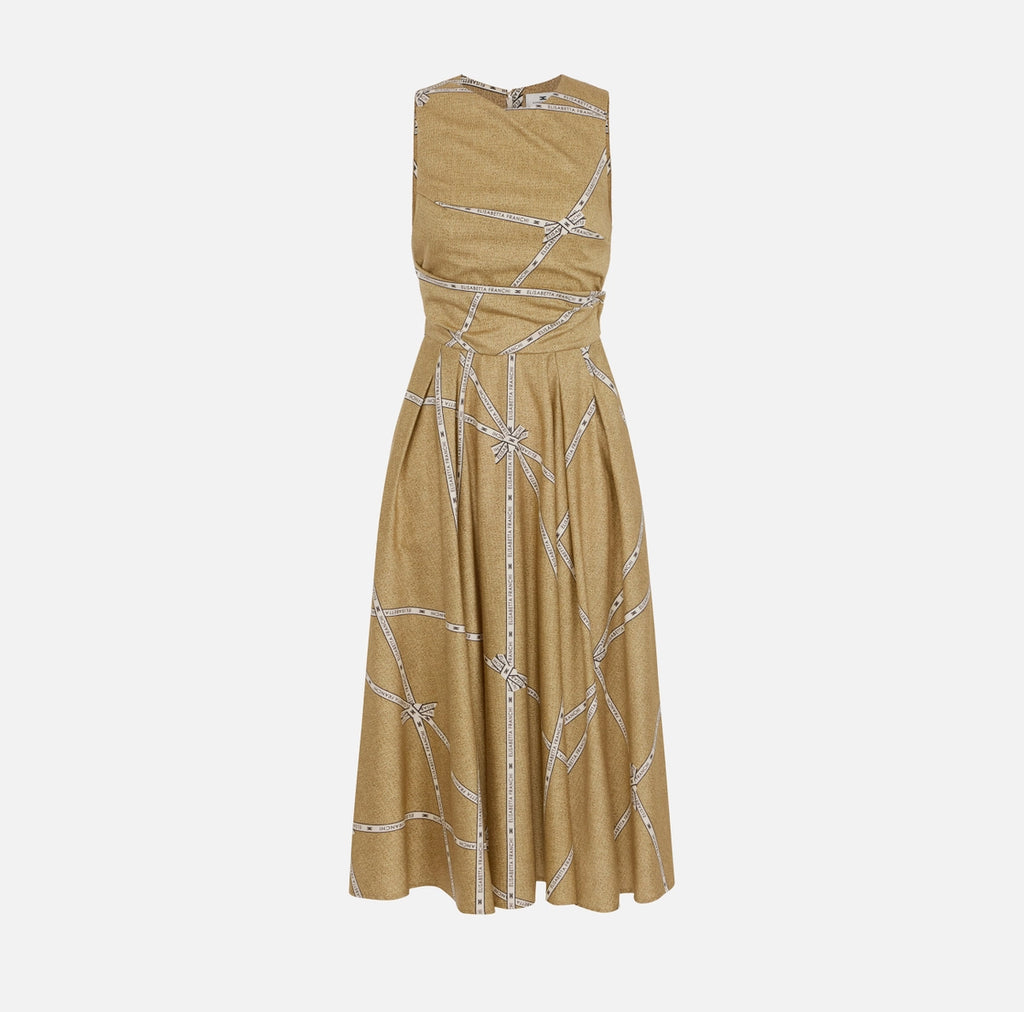 Tan cotton dress with raffia print and ribbons