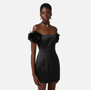 Black satin off shoulder mini dress