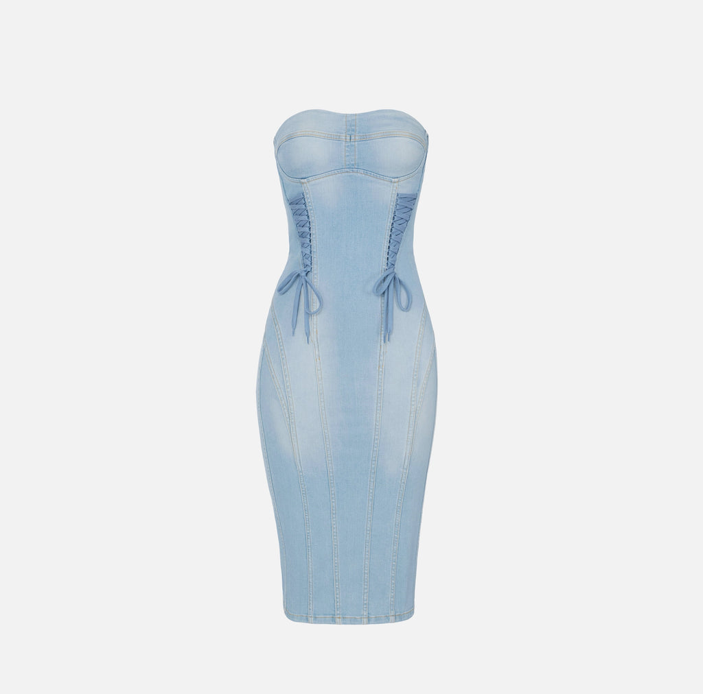 Blue denim strapless pencil dress with crossover laces