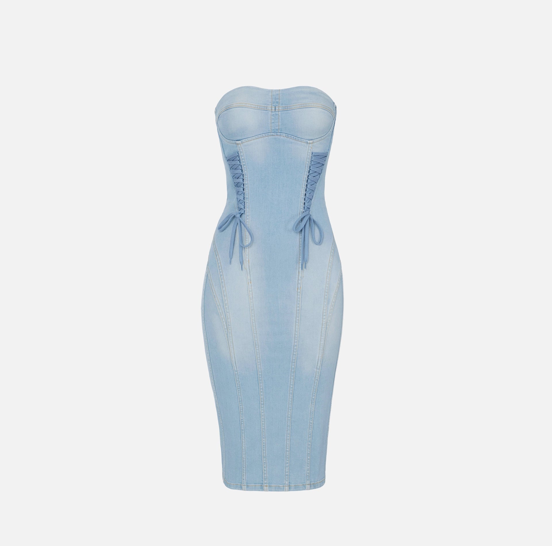 Blue denim strapless pencil dress with crossover laces