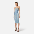 Blue denim strapless pencil dress with crossover laces