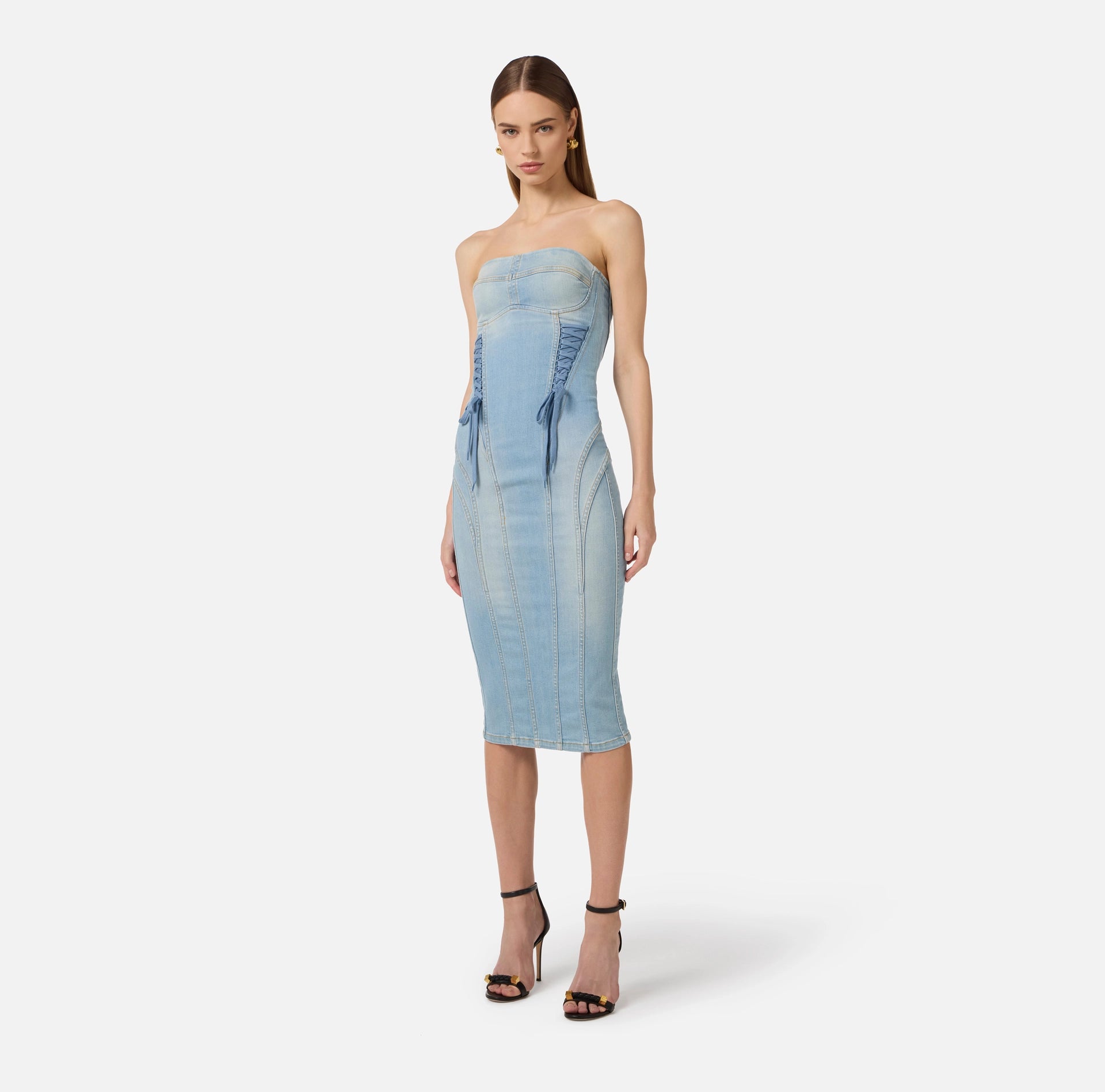 Blue denim strapless pencil dress with crossover laces