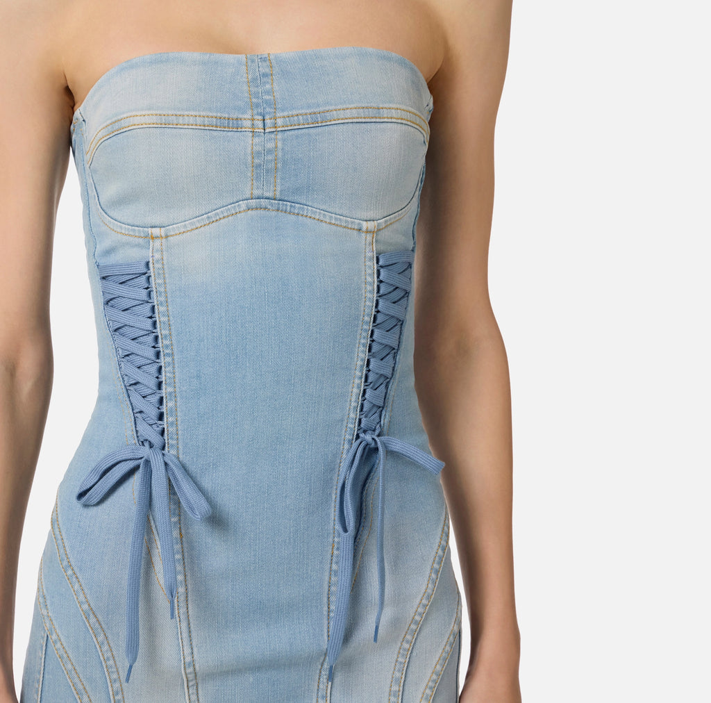 Blue denim strapless pencil dress with crossover laces