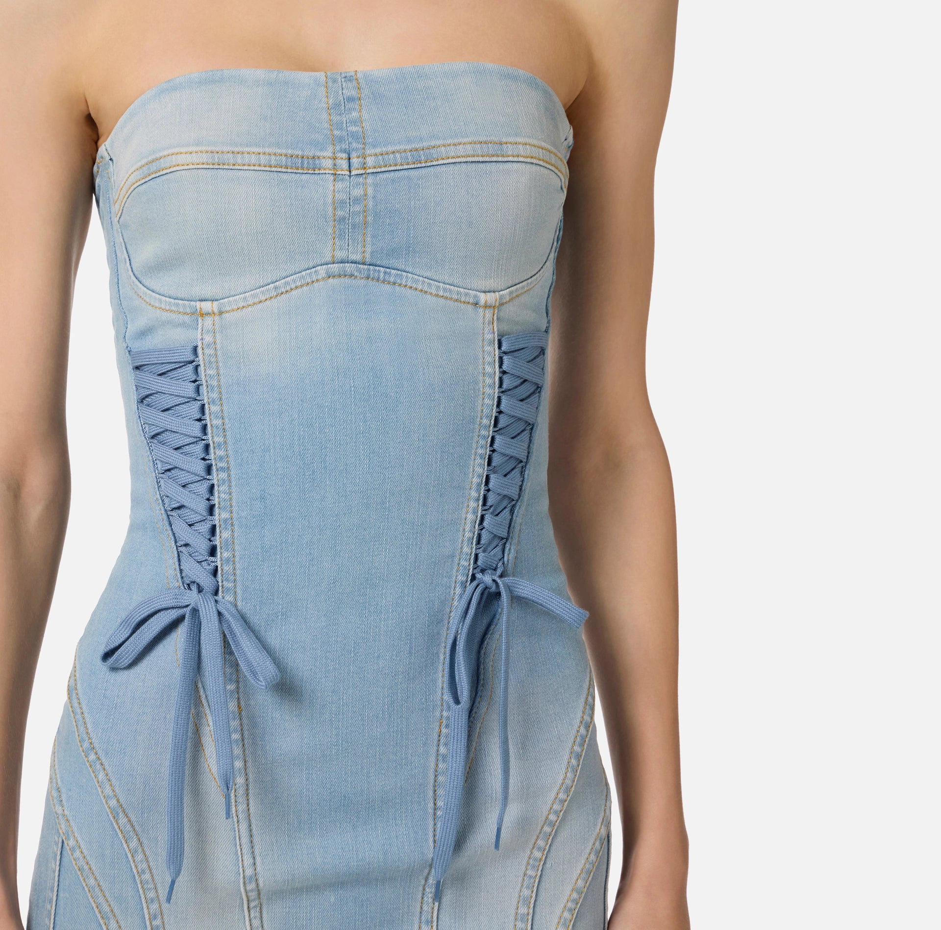 Blue denim strapless pencil dress with crossover laces