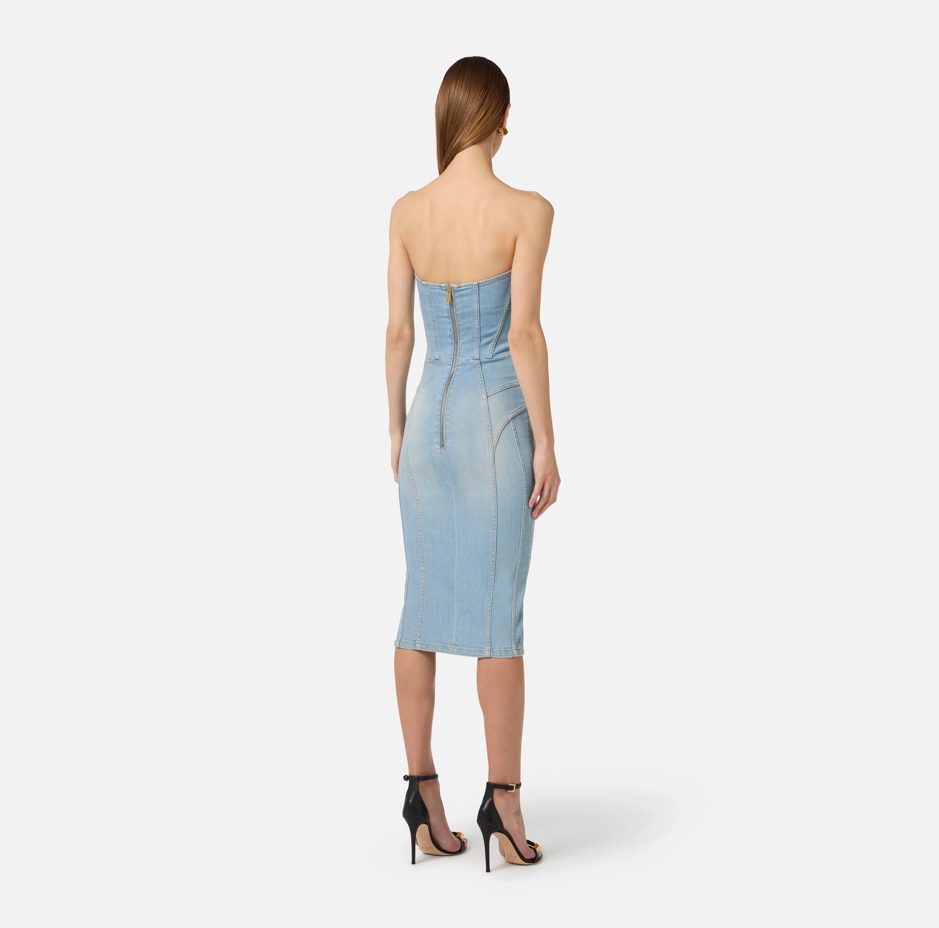Blue denim strapless pencil dress with crossover laces