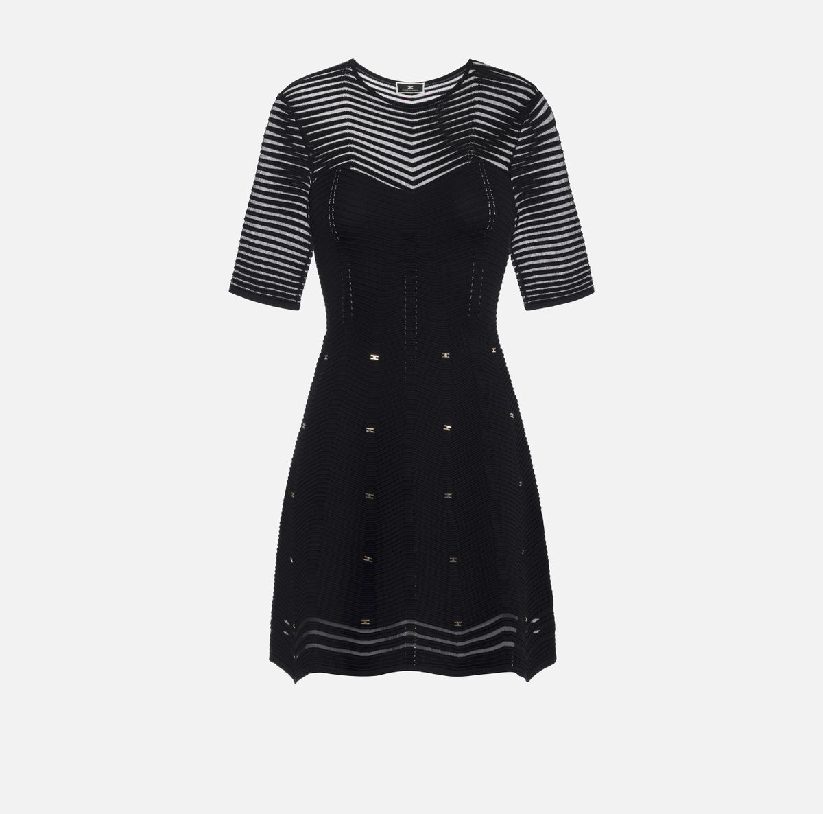 Black herringbone knit mini dress with gold grommet accents