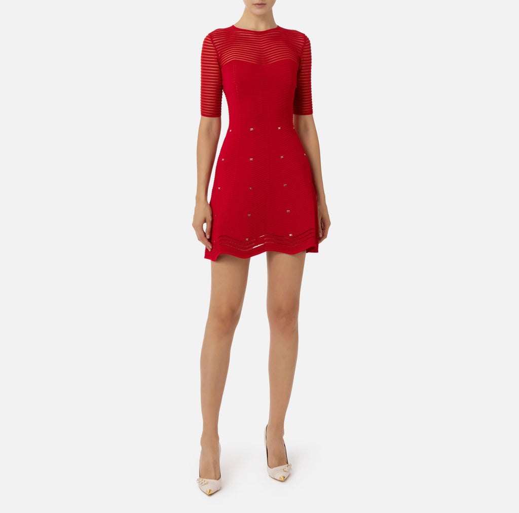 Red herringbone knit mini dress