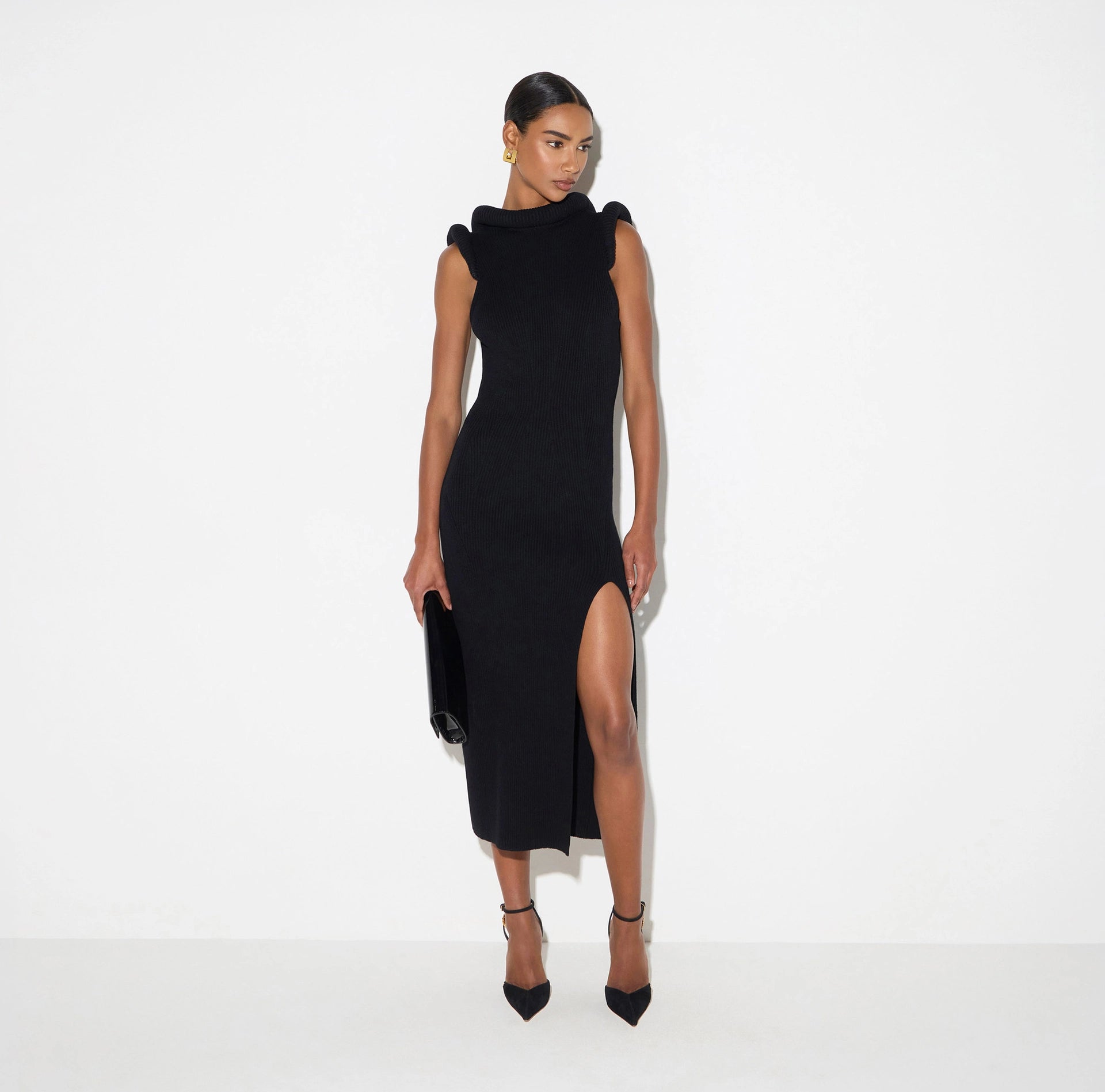 Navy knit midi dress with 3D details