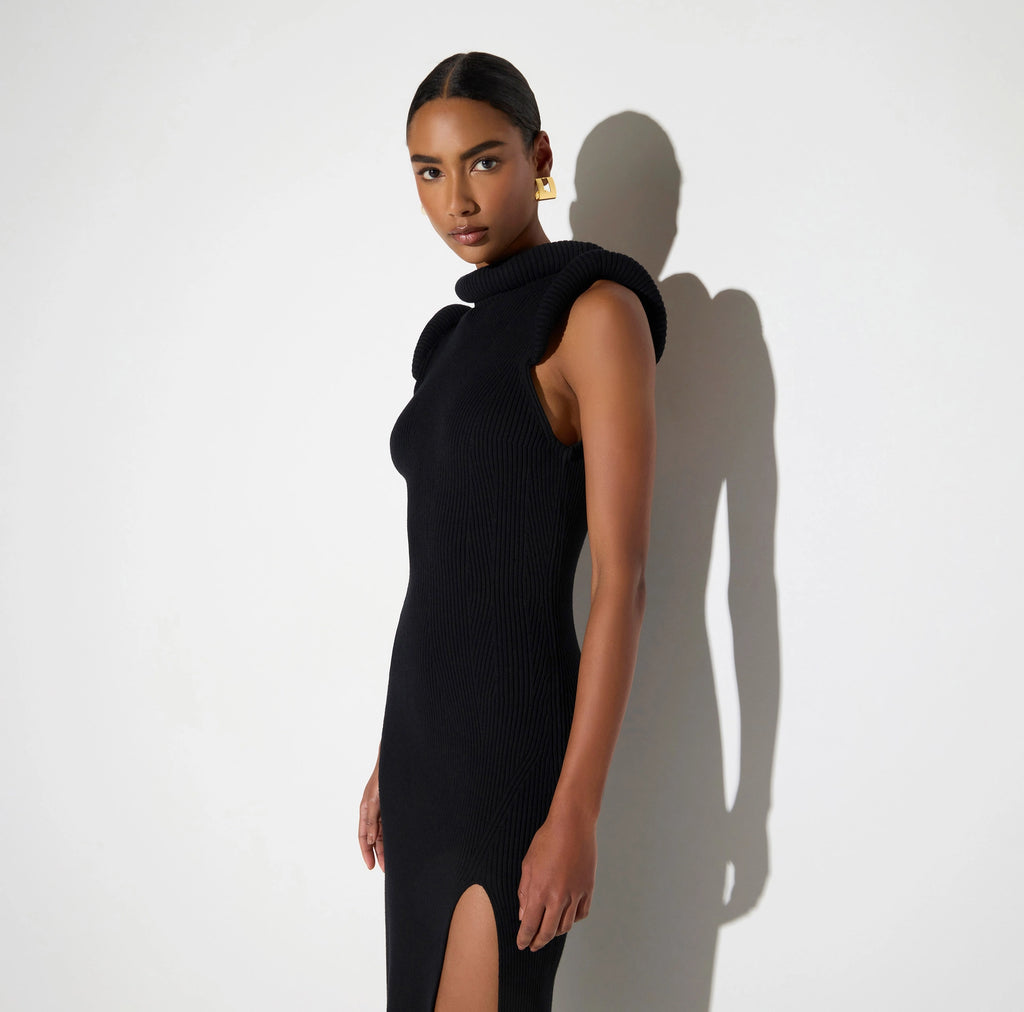 Navy knit midi dress with 3D details