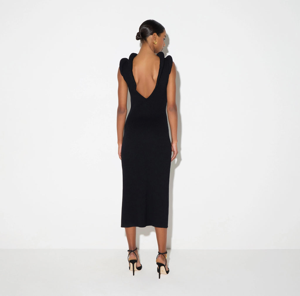 Navy knit midi dress with 3D details