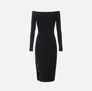 Black long sleeve boat neckline midi dress