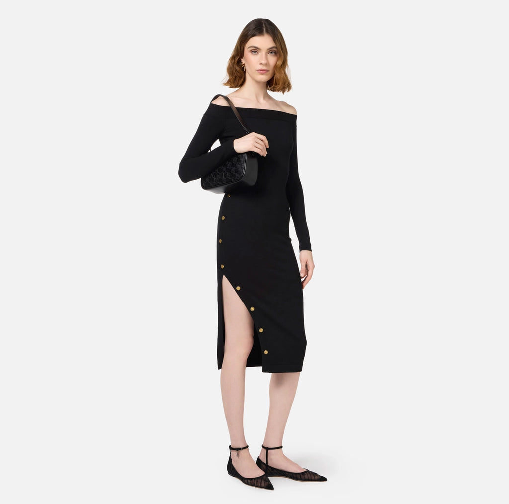 Black long sleeve boat neckline midi dress