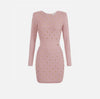 Dusty rose knit mini dress with long sleeves and grommet detail