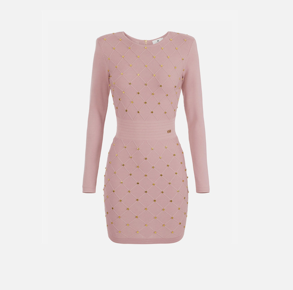 Dusty rose knit mini dress with long sleeves and grommet detail