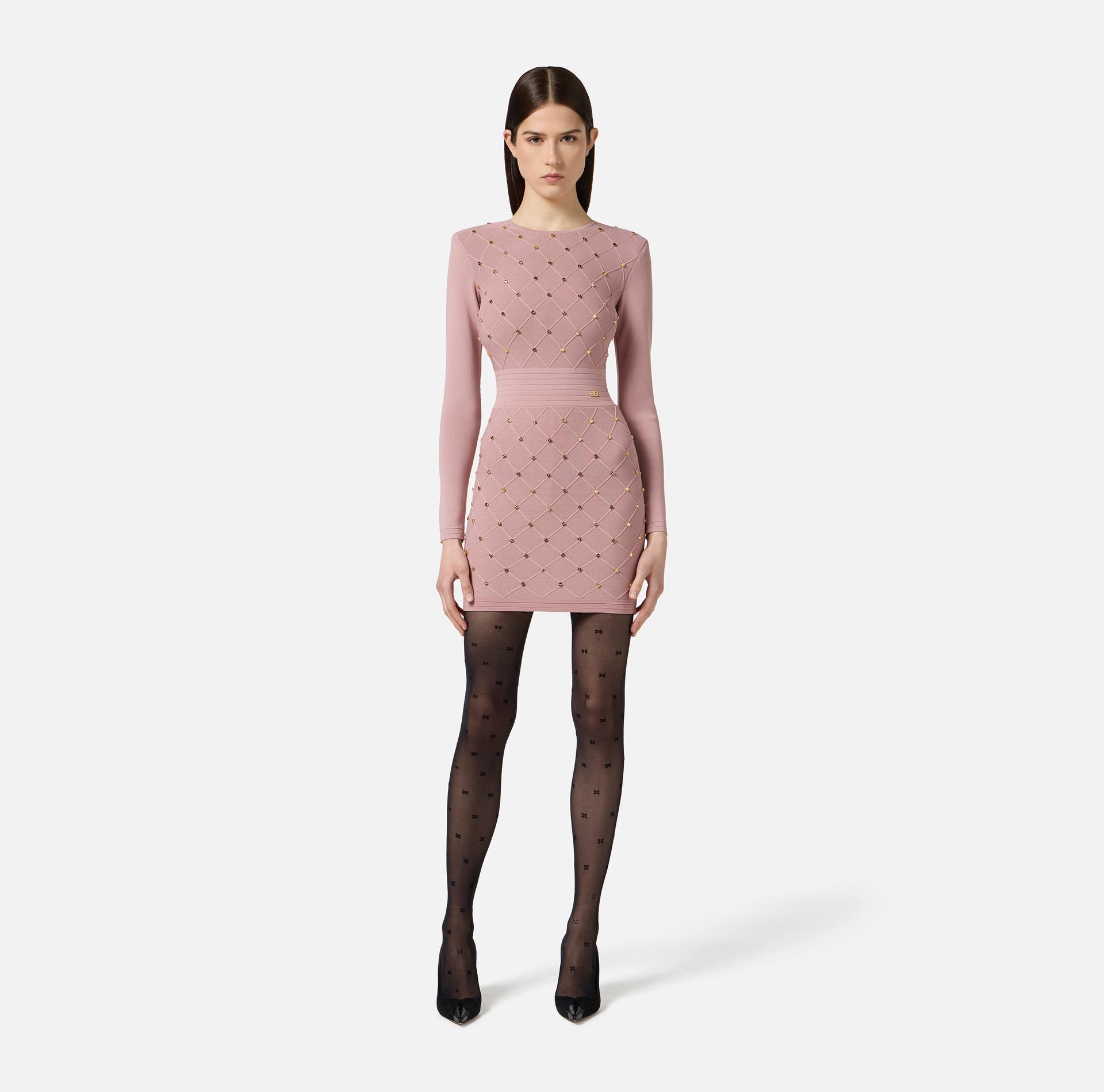 Dusty rose knit mini dress with long sleeves and grommet detail