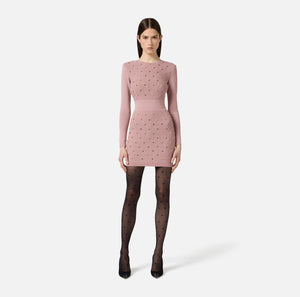 Dusty rose knit mini dress with long sleeves and grommet detail