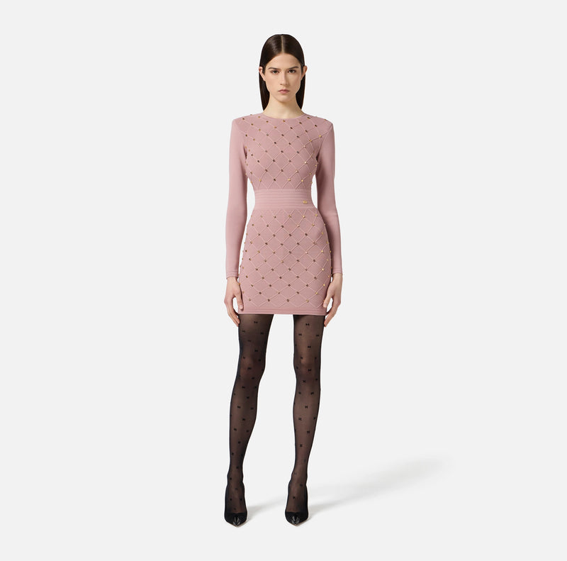 Dusty rose knit mini dress with long sleeves and grommet detail