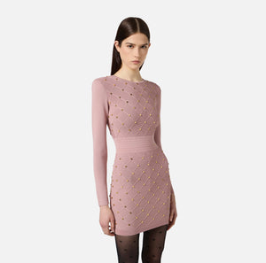 Dusty rose knit mini dress with long sleeves and grommet detail
