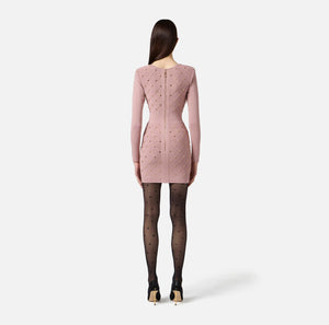 Dusty rose knit mini dress with long sleeves and grommet detail