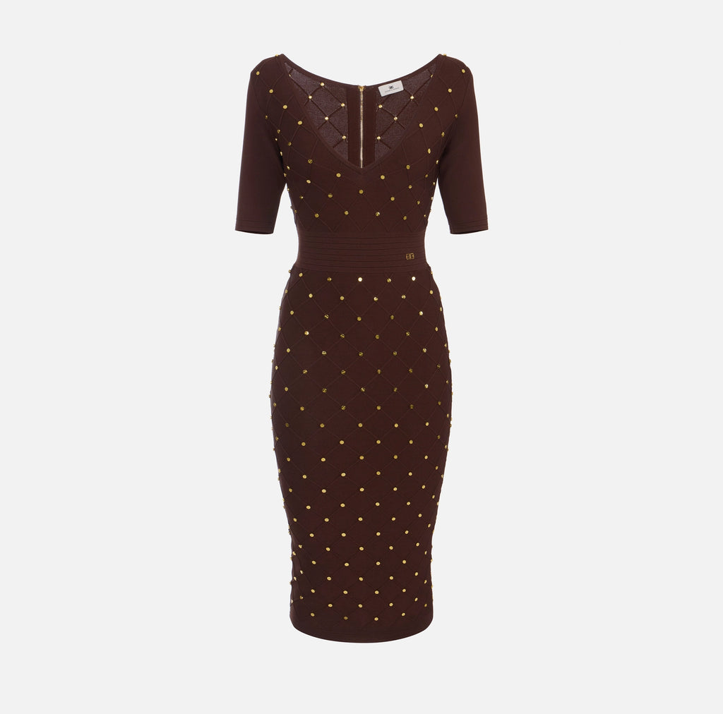 Coffee knit dress with jewel details