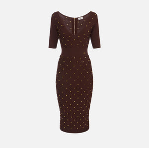 Coffee knit dress with jewel details