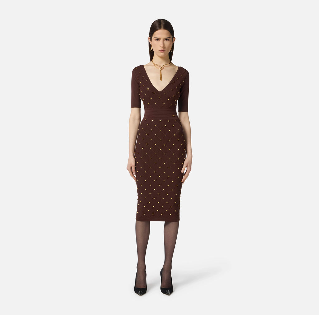 Coffee knit dress with jewel details
