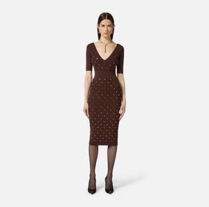 Coffee knit dress with jewel details