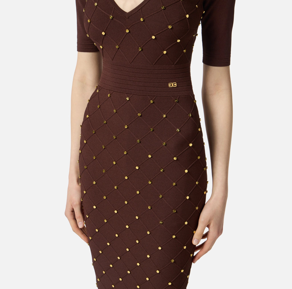 Coffee knit dress with jewel details