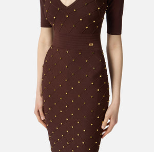 Coffee knit dress with jewel details