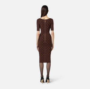 Coffee knit dress with jewel details