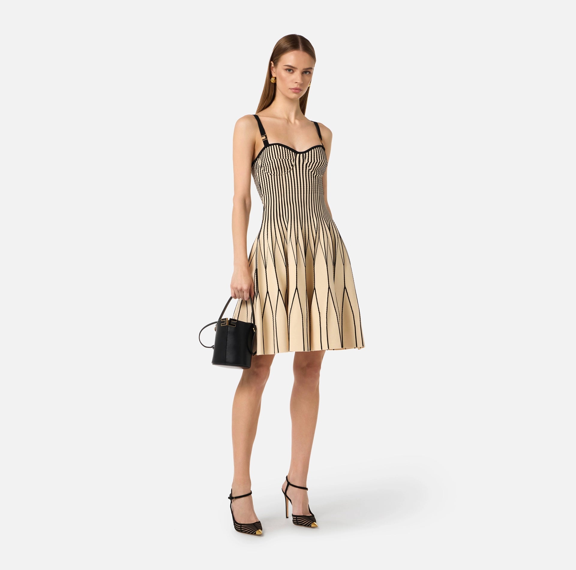 Ivory black knit flare dress
