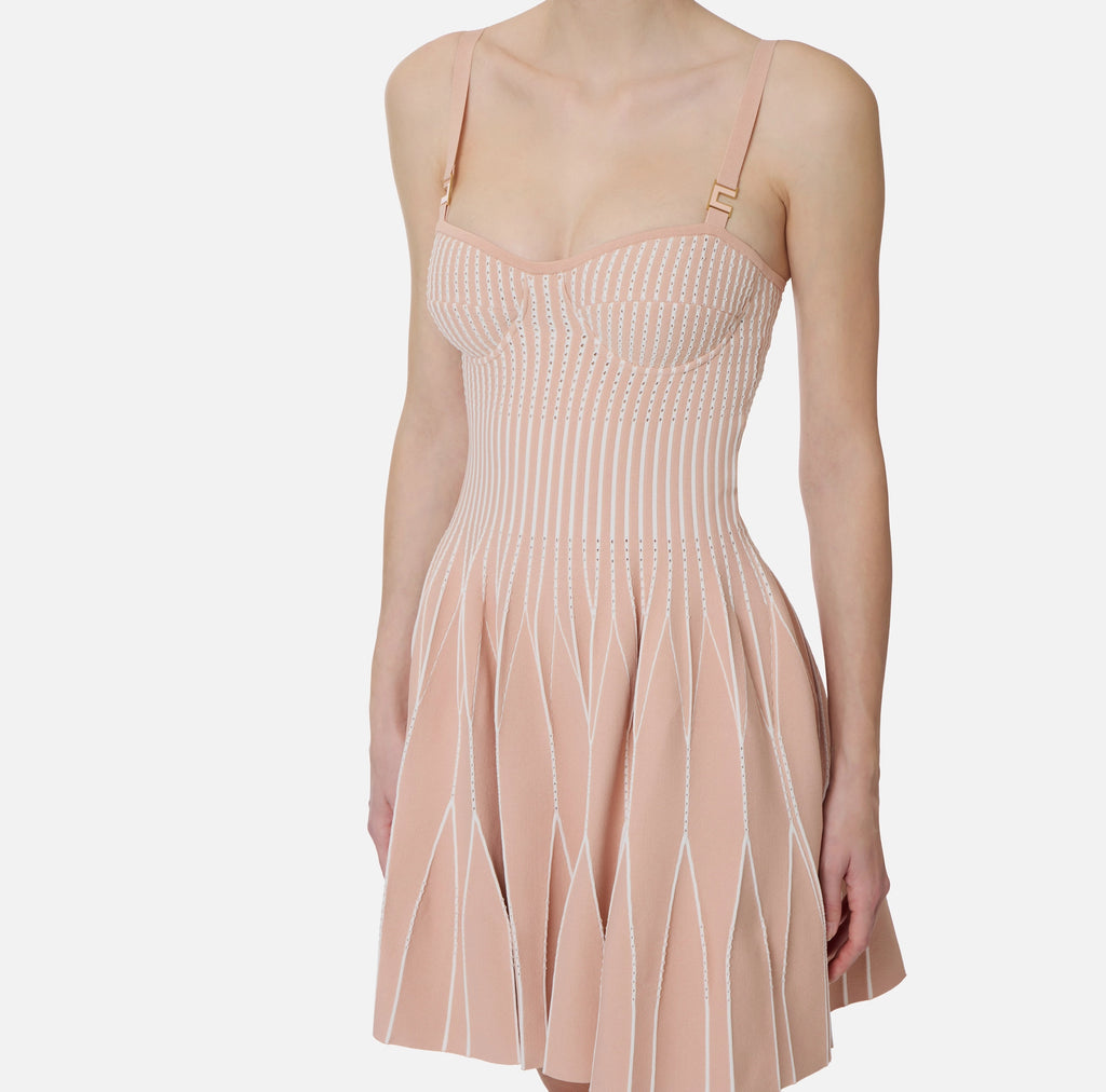 Nude ivory knit pleated flare skirt dress