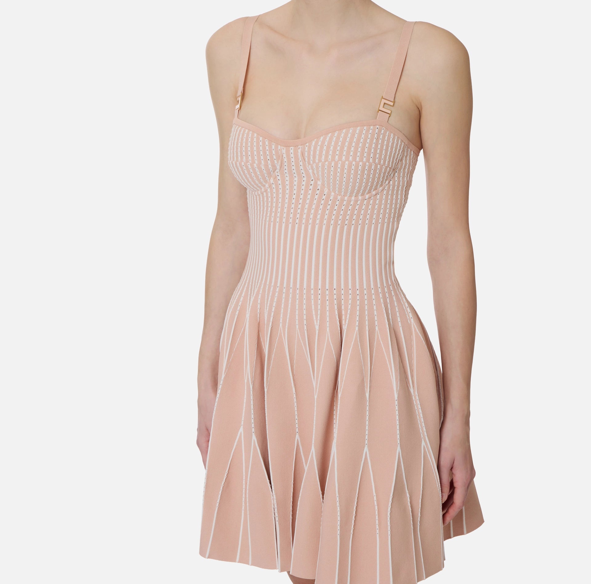 Nude ivory knit pleated flare skirt dress  BU Club