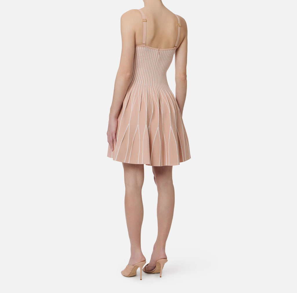 Nude ivory knit pleated flare skirt dress