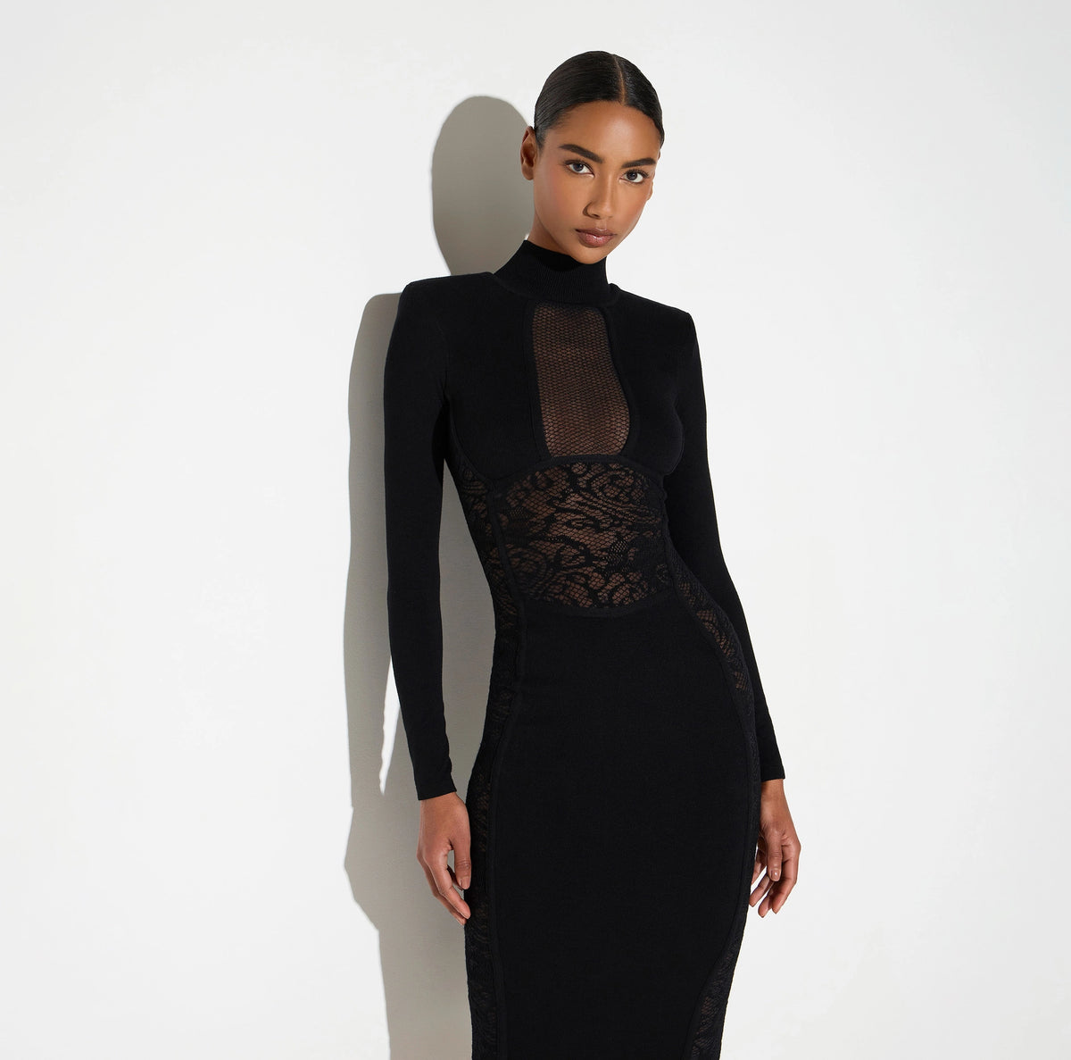 Black midi pencil knit and lace dress