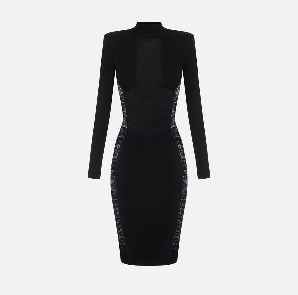 Black midi pencil knit and lace dress