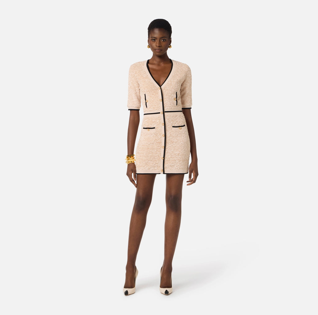 Nude black trimming mini boucle knit dress