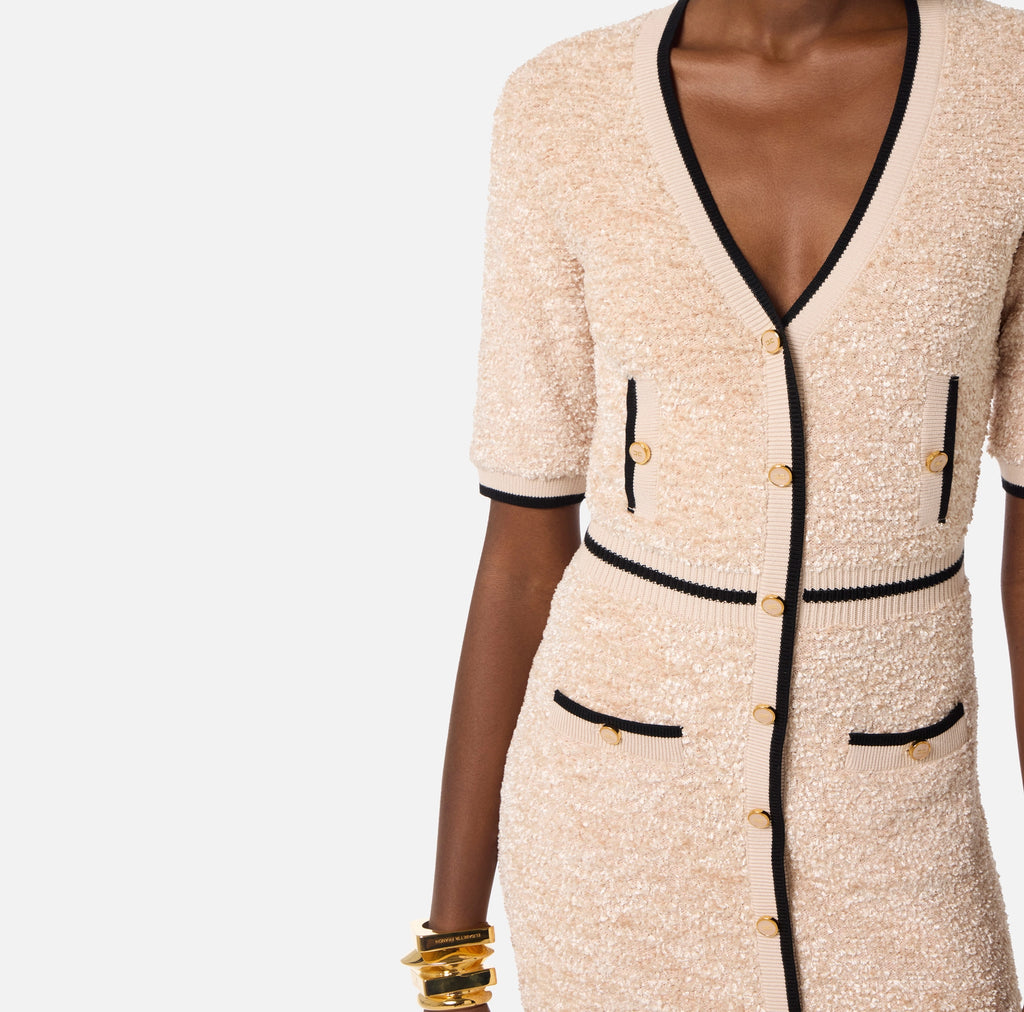 Nude black trimming mini boucle knit dress