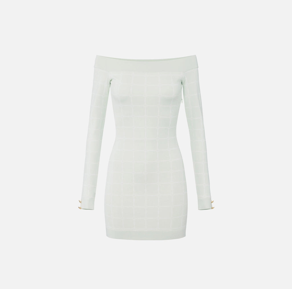 Mint knit off shoulder long sleeve mini dress