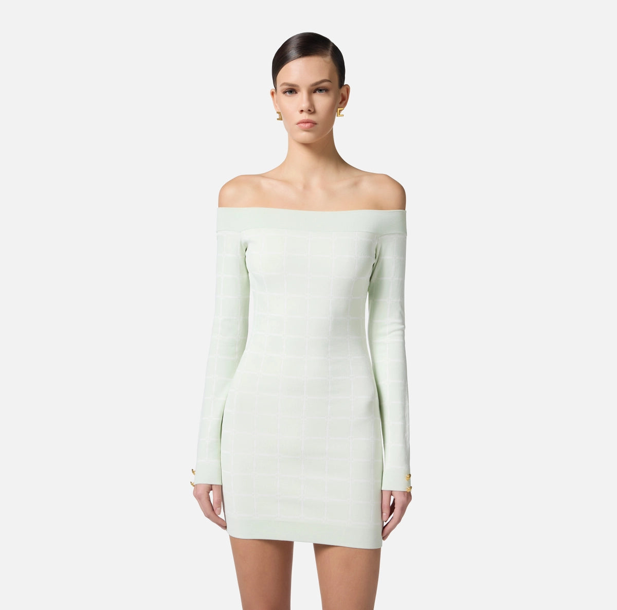 Mint knit off shoulder long sleeve mini dress