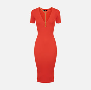 Coral rib knit midi dress with necklace