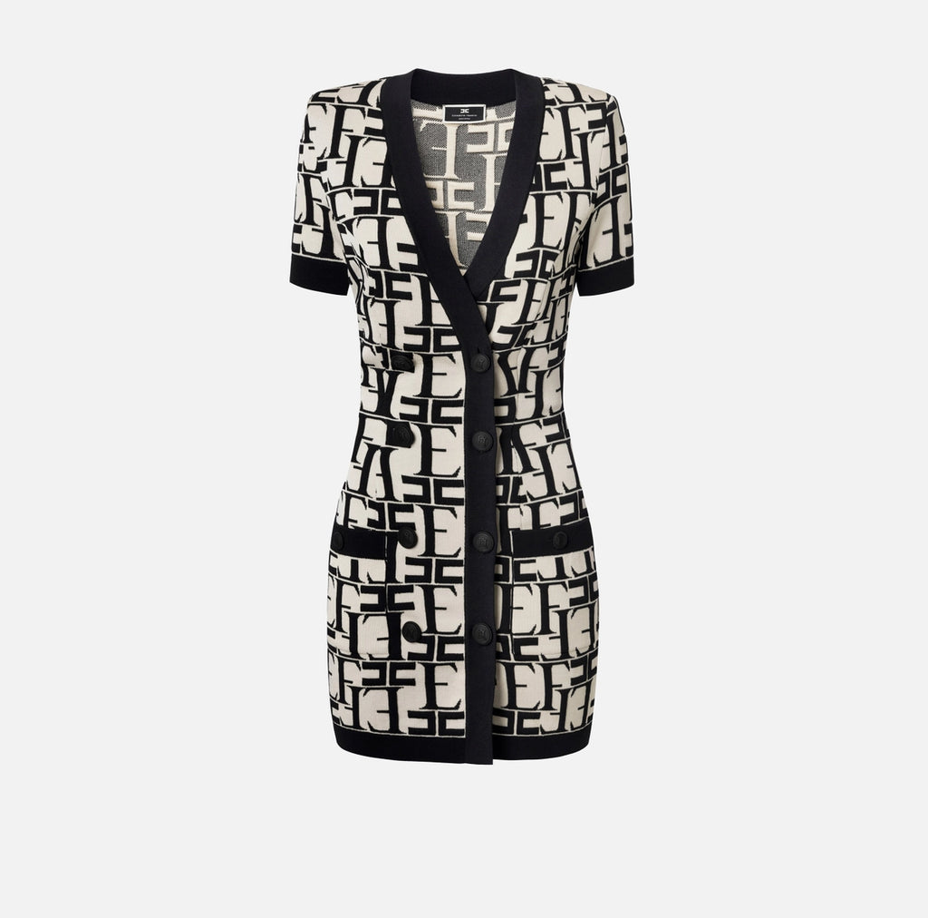 Black white knit  print short dress with short sleeves